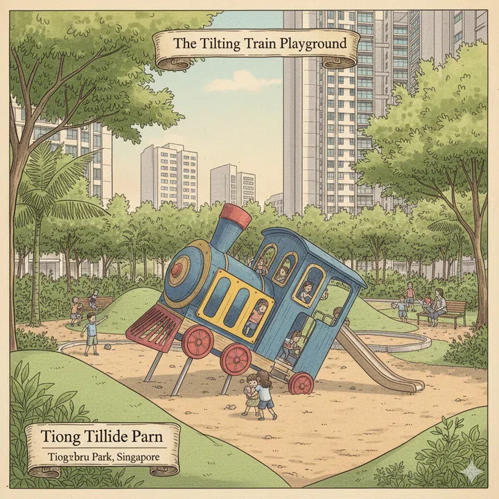 A drawing illustration of The Tilting Train playground at Tiong Bahru Park.