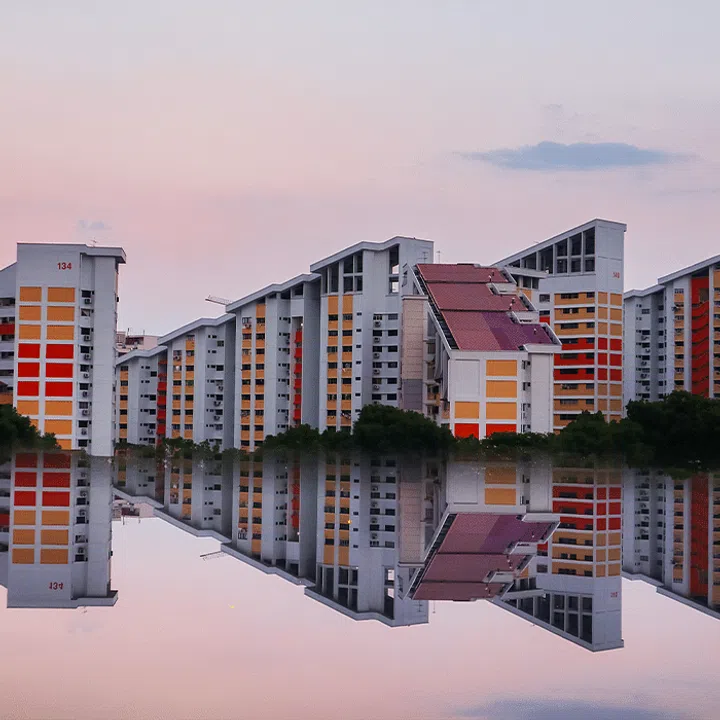 Mirror reflection of HDB blocks in Singapore.