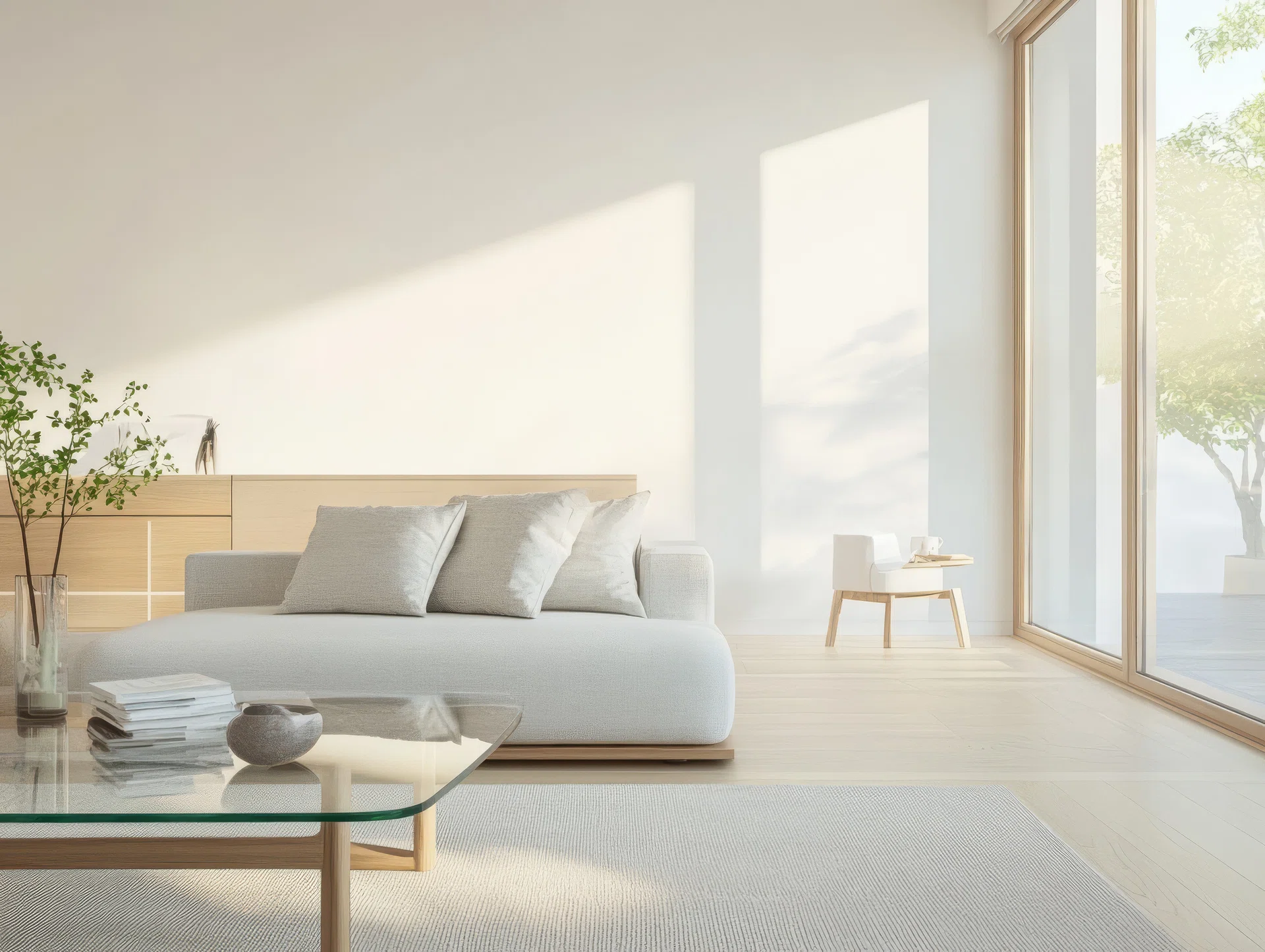 A spacious living room features a comfortable light sofa with pillows a glass coffee table and natural light streaming in through large windows.