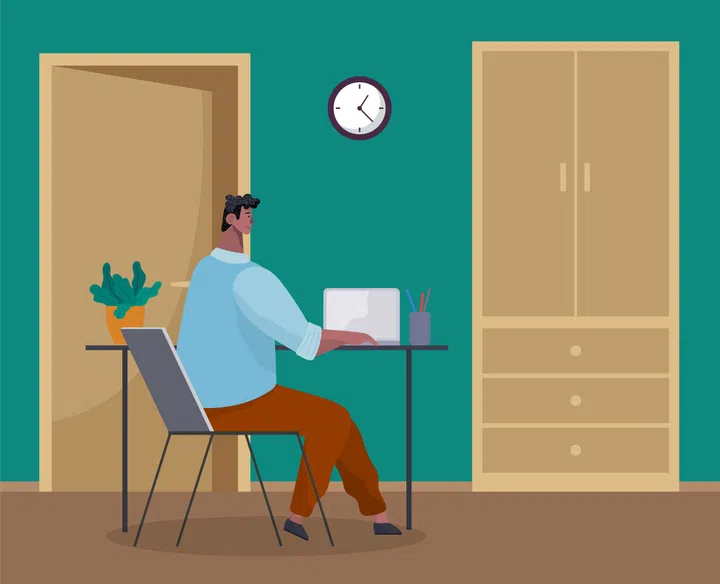 Office worker at the table with a laptop. Businessman or a clerk working at his office workplace flat style illustration. Smiling man enterpreneur performs work on a computer typing on the keyboard