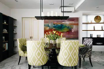 Using the same print – in this case, an ikat pattern – in two colours gives neutral-hued spaces such as this room much-needed colour and detail without appearing too busy and