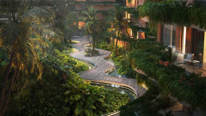 Artist’s impression of biophilic architecture elements in the upcoming Layan Verde integrated development in Phuket.