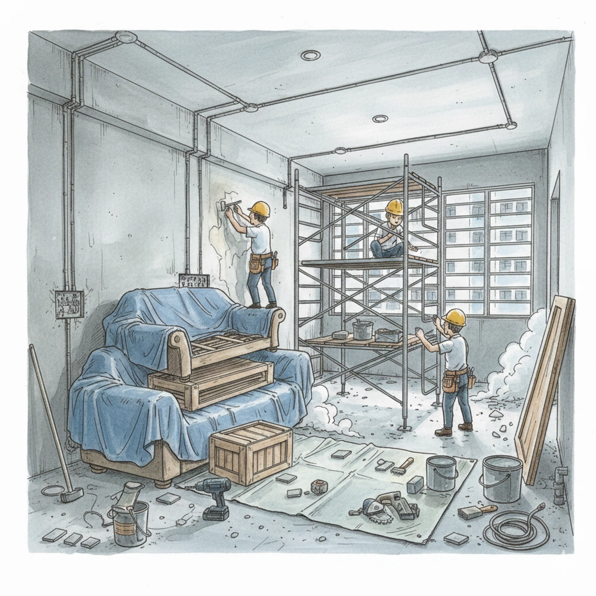 A drawing illustration of an HDB living room undergoing renovation..