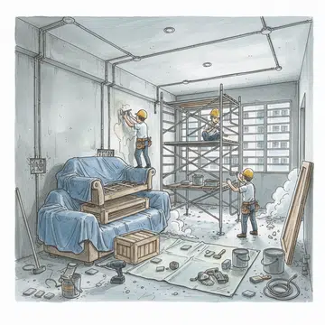 A drawing illustration of an HDB living room undergoing renovation..