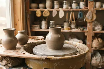 Pottery workshop. Workplace with pottery wheel and clay pots.