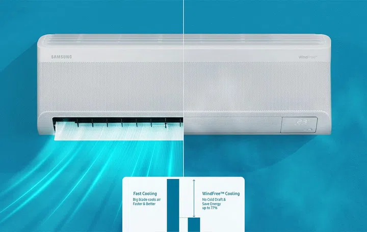 Fast Cooling mode (left) versus WindFree mode (right). The aircon is powered on and blowing even in WindFree mode, but the 23,000 holes spare you from cold air directly blown onto your person.