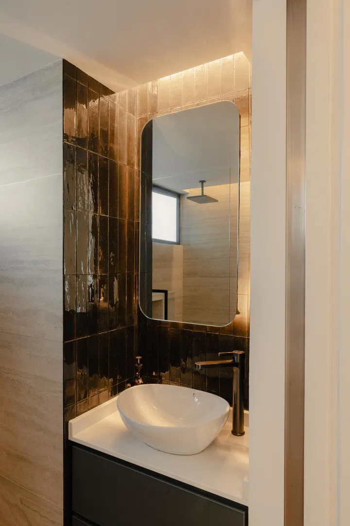 Bathroom in architect Carnation Kng and her Portuguese husband, Lourenço Vaz Pinto’s 4-room resale HDB at Dawson Road.