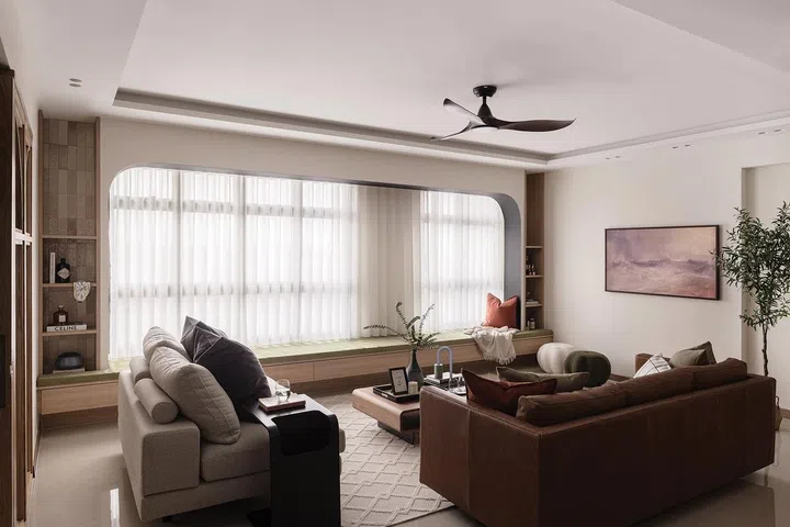 Living room in a young lawyer couple in their 30s' 1,216 sq ft (112 sqm) 5-room BTO flat in Clementi Peaks, interiors designed by Home Philosophy.