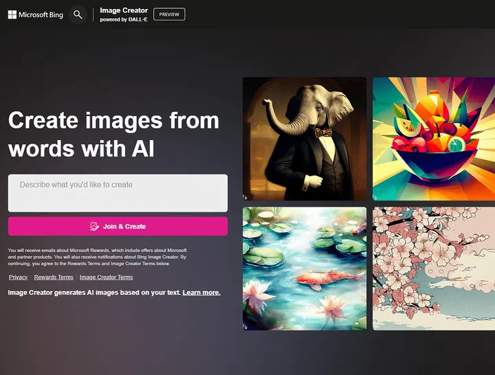 Microsoft Bing AI Image Creator artificial intelligence tool homepage screengrab