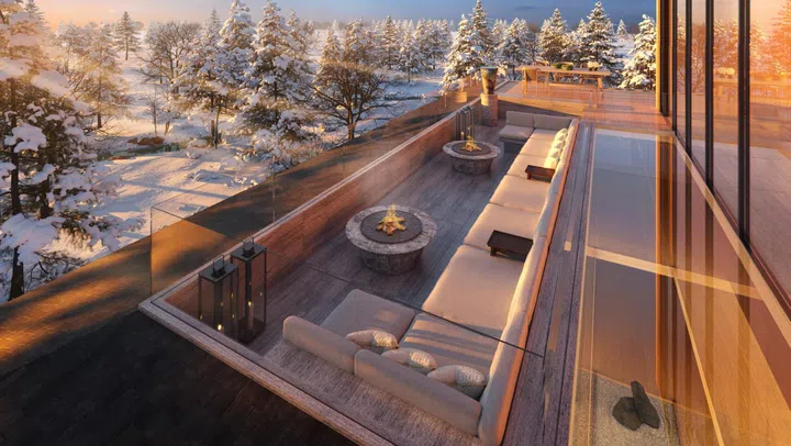 L-shaped outdoor oasis, prefer for apres-ski drinks by open fire pits as day gentle turns to night.