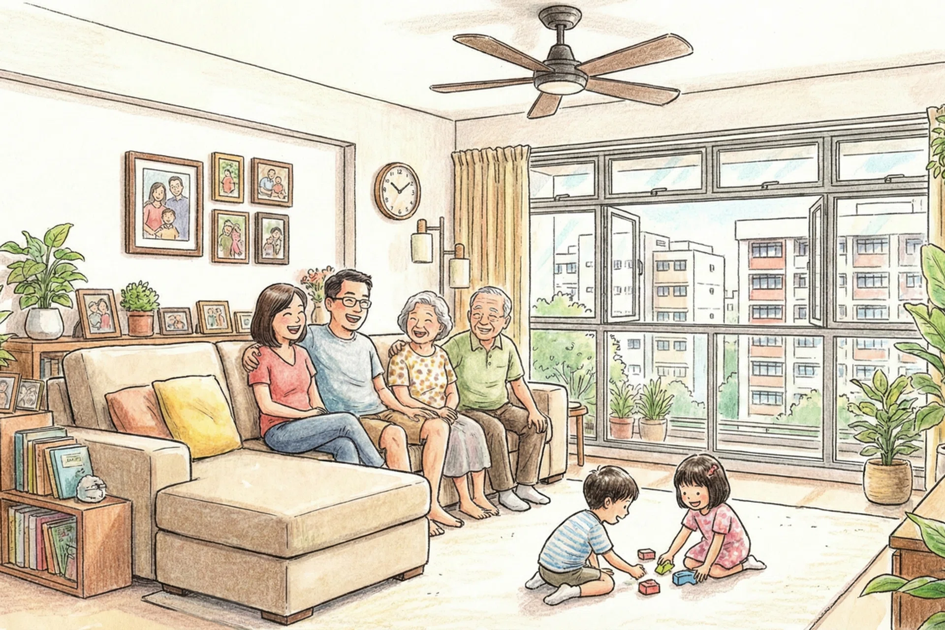 A drawing illustration of a couple and their elderly parents in a large 3Gen HDB flat living room.