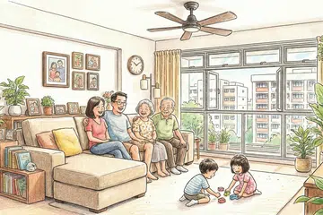 A drawing illustration of a couple and their elderly parents in a large 3Gen HDB flat living room.