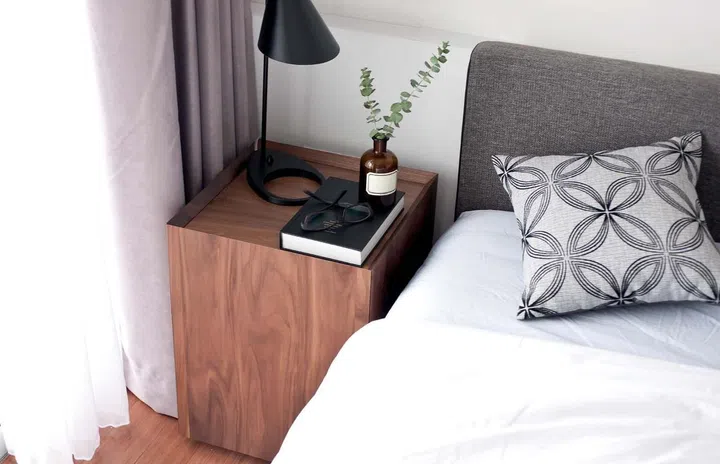 bedroom, bedside table, dark wood, black