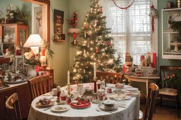 Decorated Christmas tree in a living room with table and chairs.