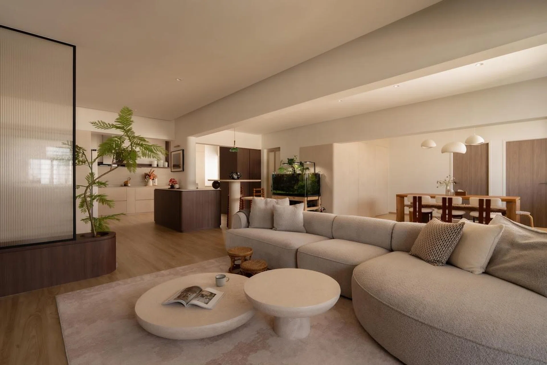 An open-plan living, dining, and kitchen layout replaces the home’s original compartmentalised plan, creating a warm, fluid space designed for everyday family life.