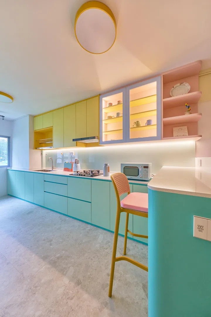 The kitchen floor is done in ⁠tiles from Hafary 60TR12R. Using tiles incorporates a cool tone. The living, dining and bedrooms showcase a neutral beige vinyl floor: DeRoots - LV 8836 Elder Teak. 