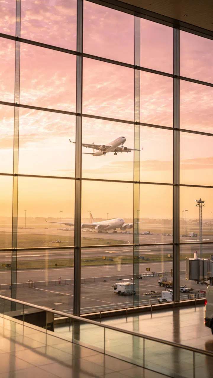 View of an airport with planes taking off and landing during sunset.