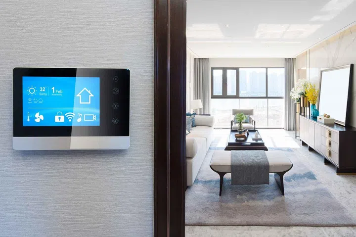 smart home system on intelligence screen on wall and background of modern living room
