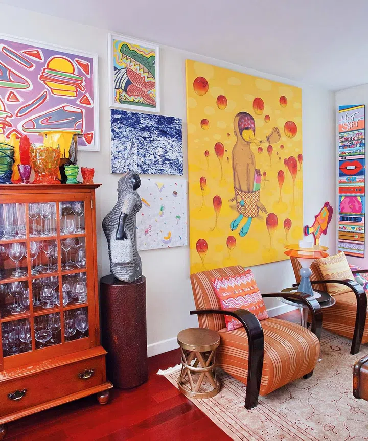 A wall of colourful artwork