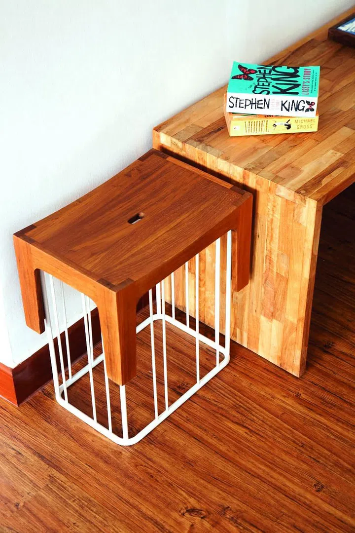 light wood, tables, stools, vinyl floor