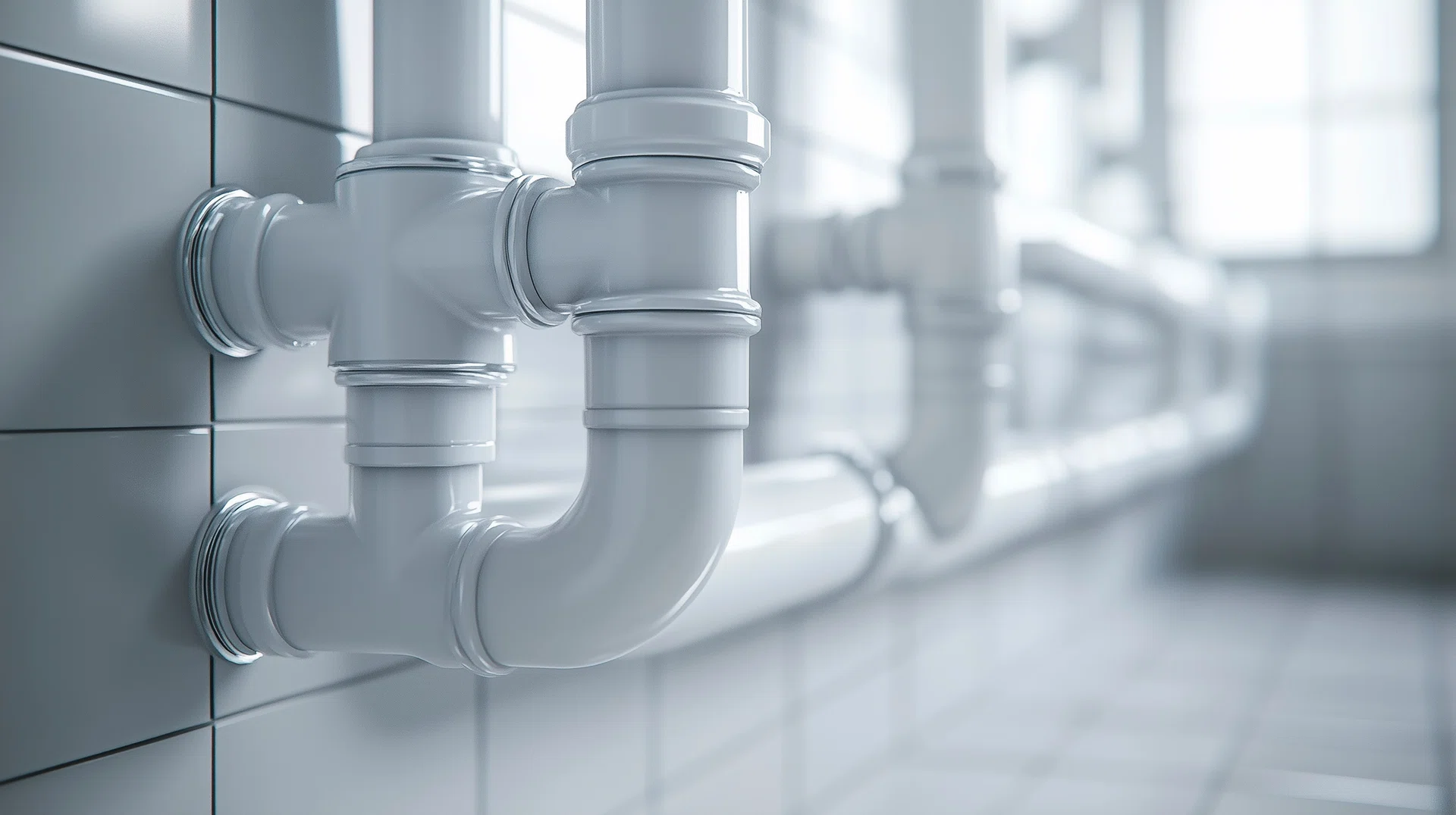 3d rendering of white water pipes in a row in a bathroom
