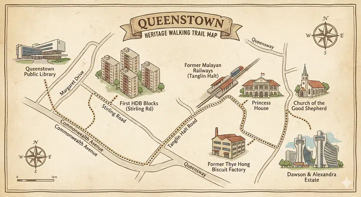 A drawing illustration of the queenstown heritage walking trail map.