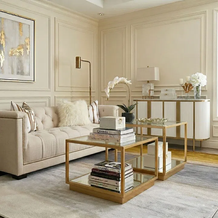 Finn Avenue’s Duchess Sofa, Les Maisons Coffee Tables, Verity Cabinet, Evka Rug.