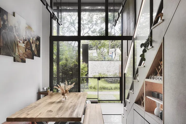 Living room with a loft level in a 3-bedroom condominium at South Buona Vista Road.