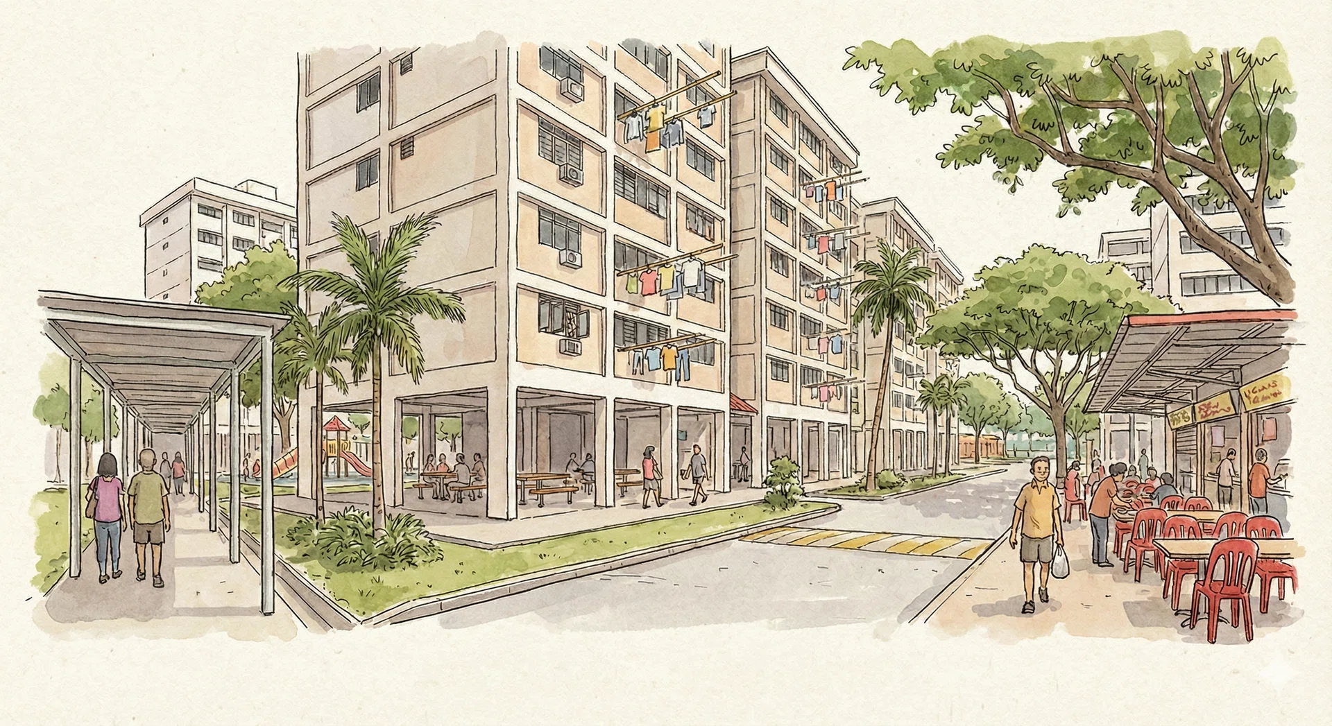 A drawing illustration of a singapore residential area.
