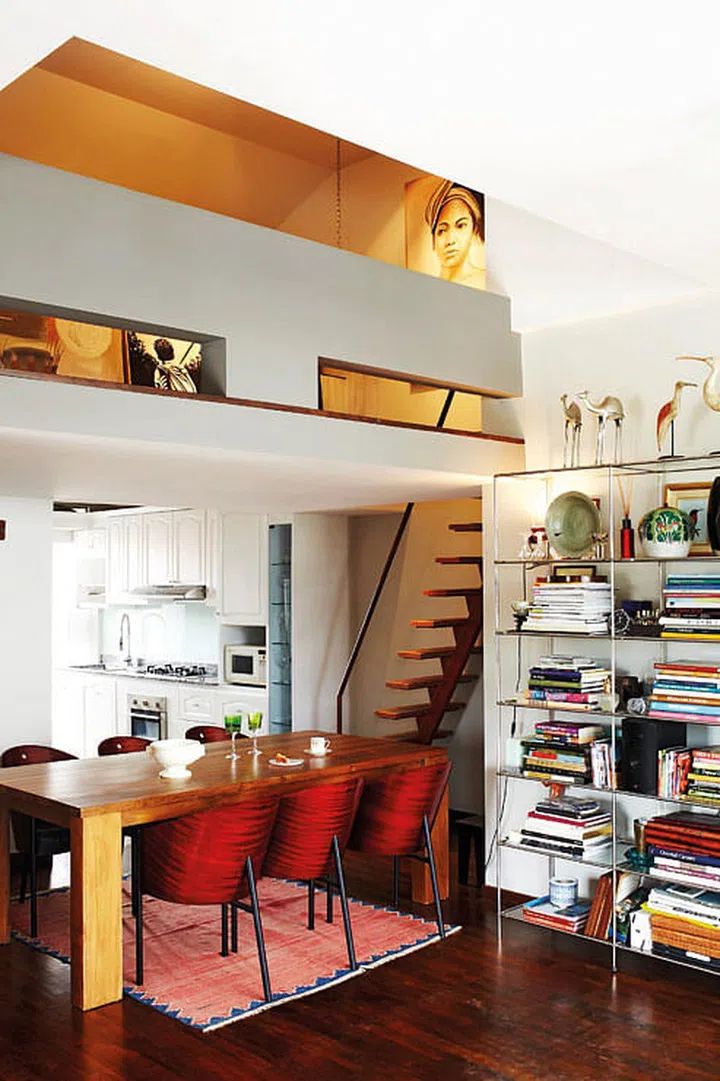 With the original ceiling board removed, the owner’s dream of a loft area and attic is realised. This space is accessible by a stairwell at the corner.