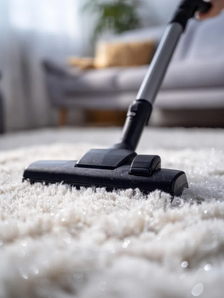 Sunlit room with a soft white rug, where a vacuum nozzle delicately refreshes the plush surface, amidst sleek furniture and warm, inviting ambiance.