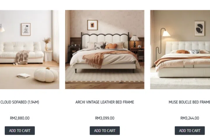 MUMU Living Cloud Sofa bed (MYR 2,880 / ~S$869), Archi Vintage Leather Bed Frame (MYR 3,099 / ~S$935), and Muse Boucle Bed Frame (MYR 3,244 / ~S$979)