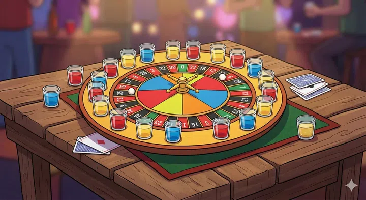 A cartoon drawing of a roulette wheel with drinking shot glasses set of drinking game on a table..