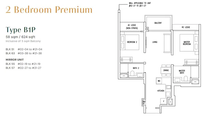 Emerald of Katong 2-bedroom premium (Type B1P) 58 sqm floor plan.
