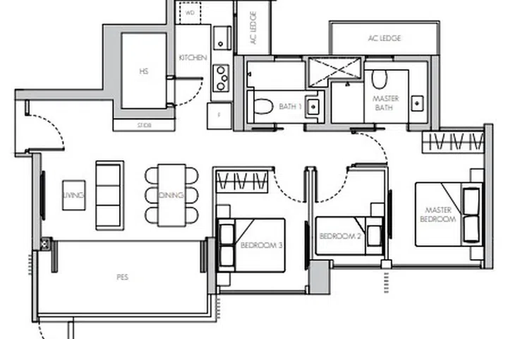 8@BT Condo 3-Bedroom TYPE C1(p) 95 sq m / 1023 sq ft #01-01 floor plan.