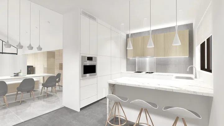 Interior designer’s rendering of the kitchen for this 3-bedroom condominium in East Coast.