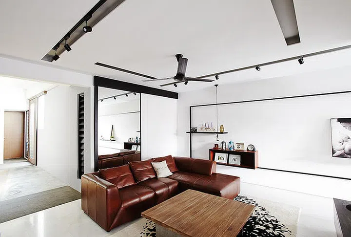 understated, minimalist, masculine, bright, light, living room, monochrome