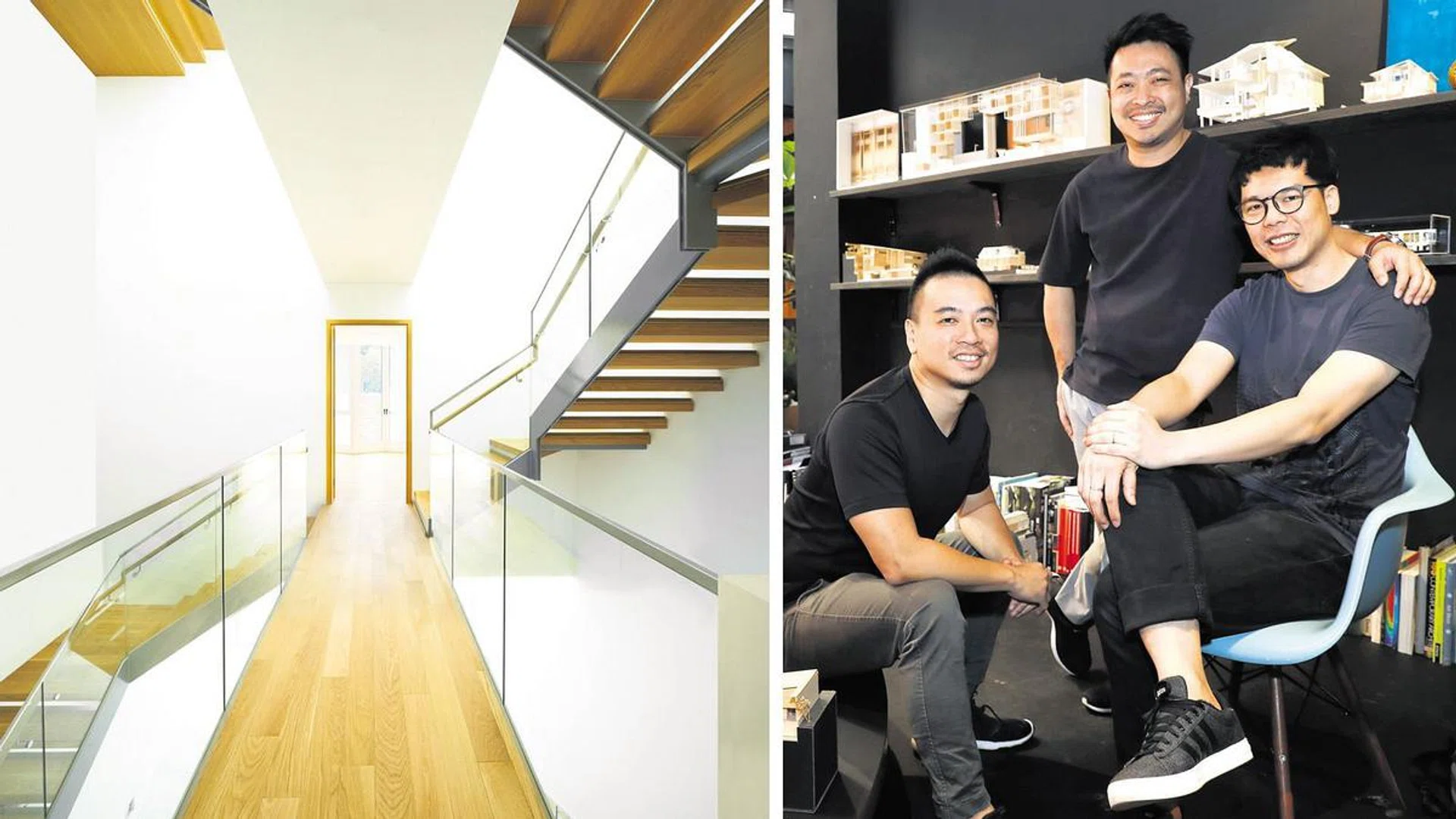 Left: A house with a labyrinthine network of staircases and flying bridges. Right: (From left:) Quck Zhong Yi, Wong Ker How and Lim Jing Feng, ASolidPlan. PHOTOS: YEN MENG JIIN