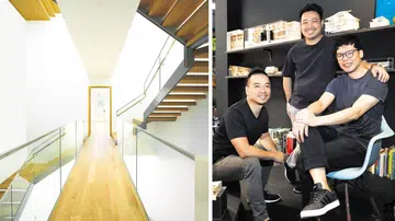 Left: A house with a labyrinthine network of staircases and flying bridges. Right: (From left:) Quck Zhong Yi, Wong Ker How and Lim Jing Feng, ASolidPlan. PHOTOS: YEN MENG JIIN