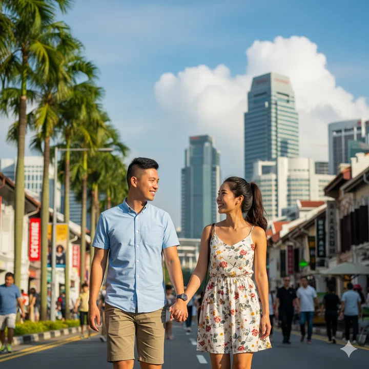 A young Singaporean couple walking on the streets of Singapore.