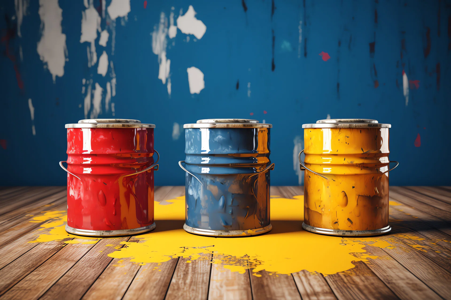 Four open buckets with CMYK paints at the printing manufacturing