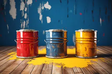 Four open buckets with CMYK paints at the printing manufacturing