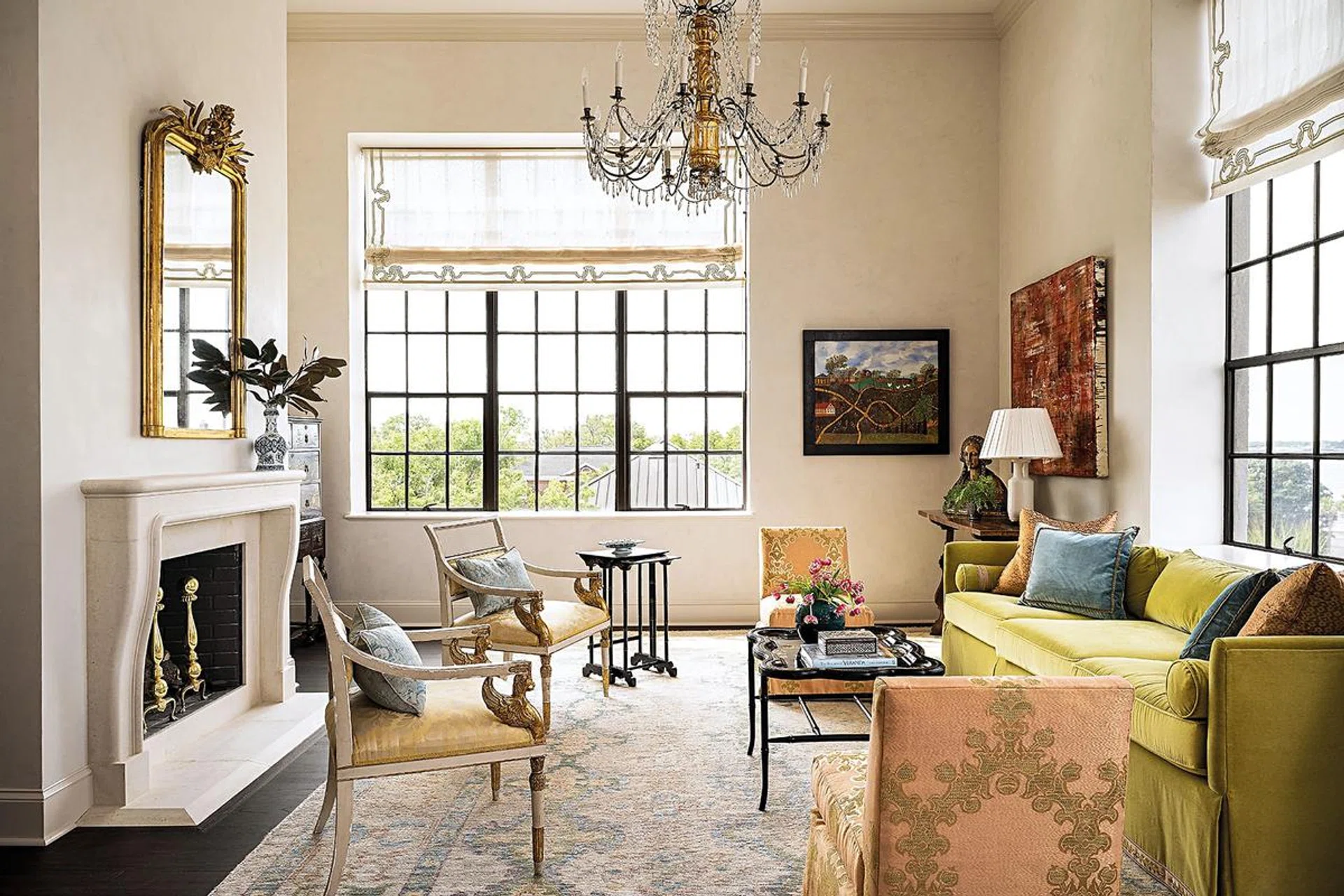 Walls, Venetian Plaster by Kristen Bunting. Window treatments, custom embroidered by Holland & Sherry Interiors. Oushak Rug by Sullivans Fine Rugs. Chandelier 18th C. Genoa, Italy. Sofa, bespoke in Fortuny velvet with trim by Houlès. Pair of slipper chairs, by Highland House in fabric by Christopher Hyland. Pair of antique French Empire chairs.