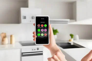 Woman controlling kitchen appliances with a smart phone, close-up on mobile device with launched smart home application. Smart home concept