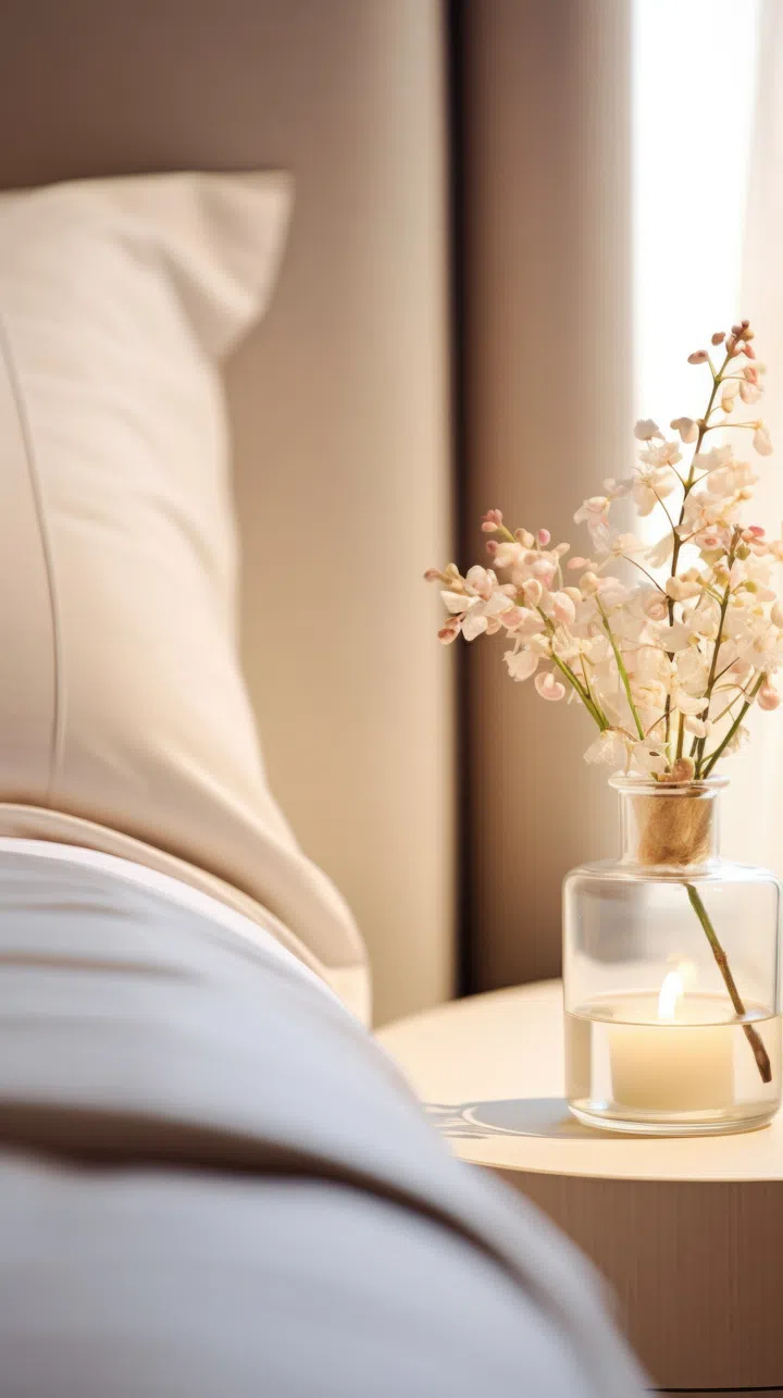 A vase with white flowers on a bed, AI