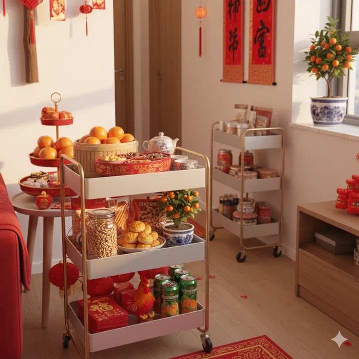 A trolley full of Chinese New Year snacks, mandarin oranges, and decor.