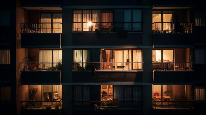 Apartment with lights from homes' windows and balconies at night. Image from 123RF