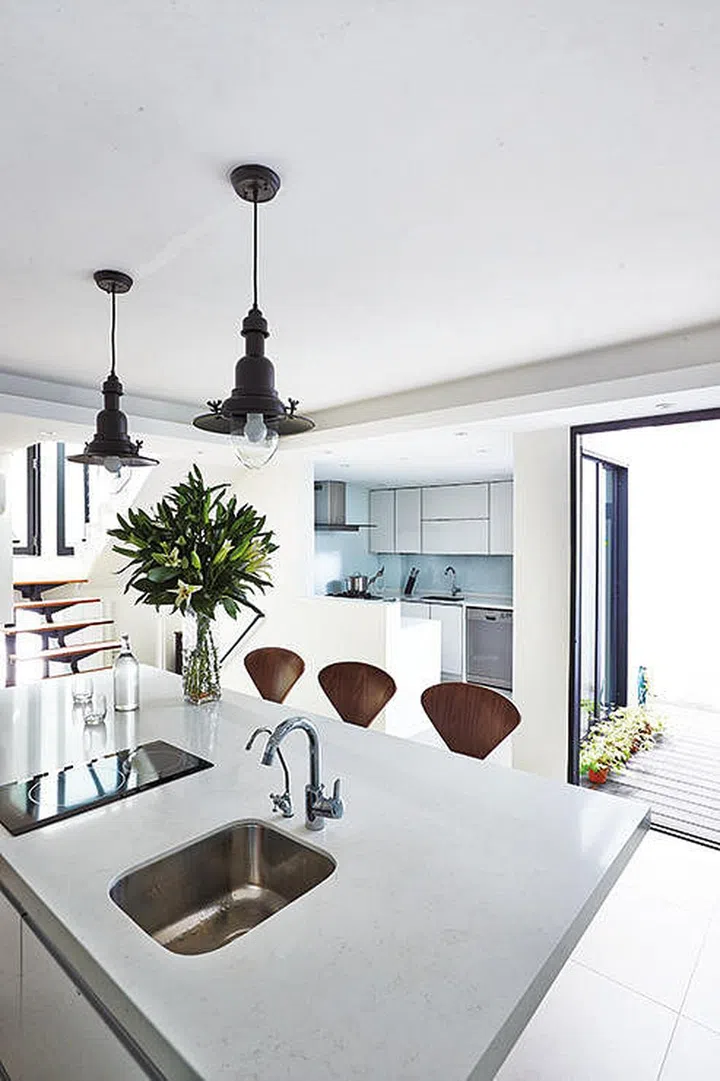 kitchen, open concept, dining, white