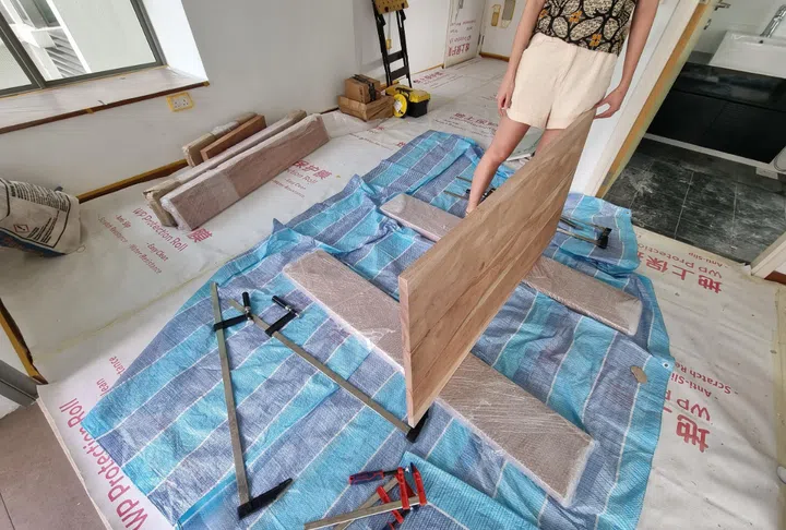 A work-in-progress shot of the woodworking by Ms Chew and Mr Lim in their apartment during the renovation phase.