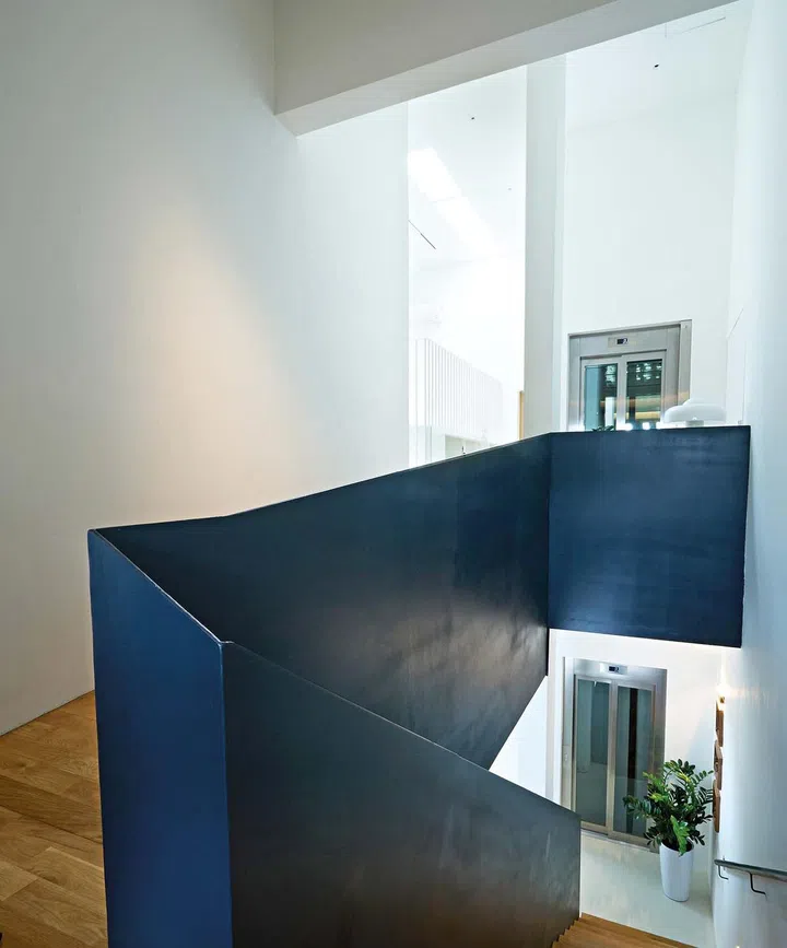 The black
steel stair core weaves its way up like a ribbon.